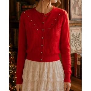 Vintage 70s Women Austrian Trachten Knit Cardigan Wool Sweater Sz L Red Coquette